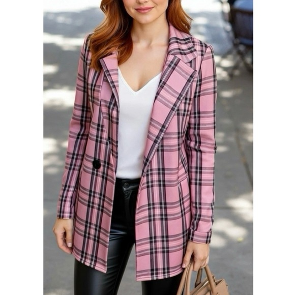 PrettyLittleThing Jackets & Blazers - PRETTY LITTLE THING Open Front Blazer Sz 4 Small Pink Plaid Jacket Preppy Slim